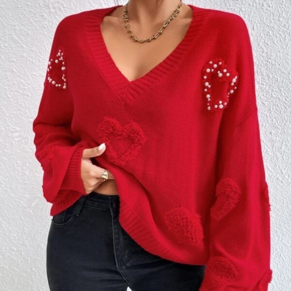 Pearl Heart detailed red knit sweater top - Picture 1 of 6